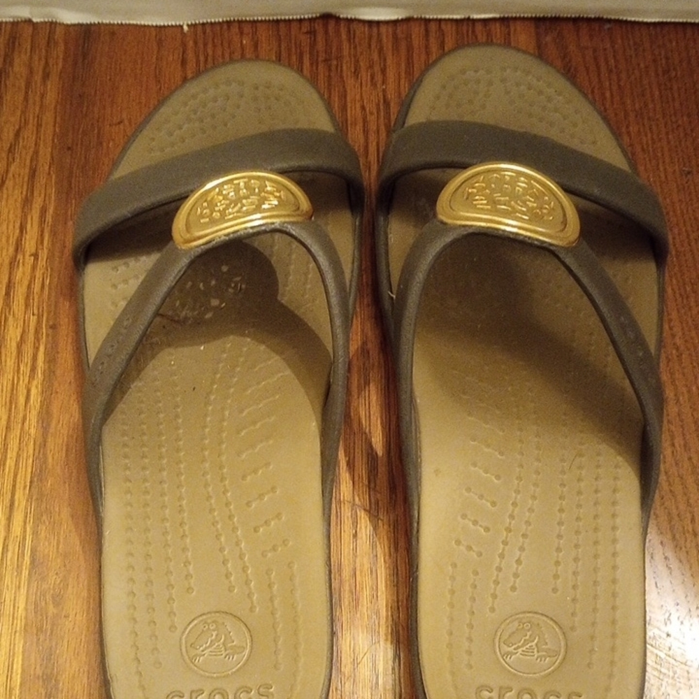 CROCS Women's Brown Slide Sandals with Gold Accent